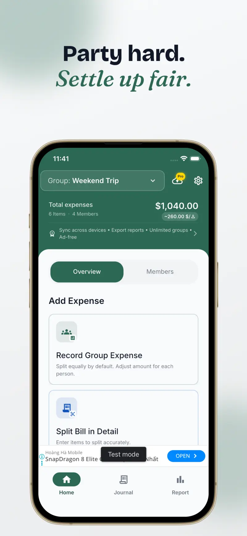 Fika app showing a group bill split fairly among friends