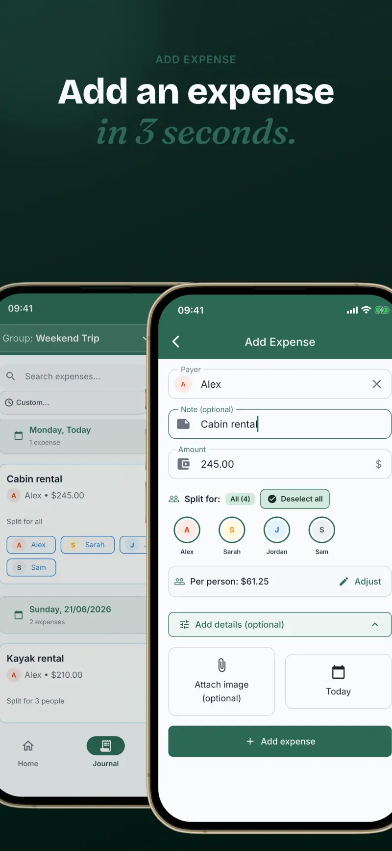 Adding an expense in Fika takes three seconds