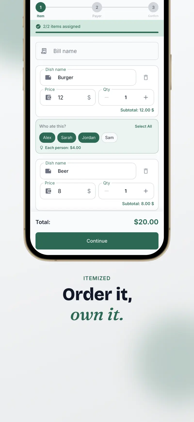 Itemized split — each person pays for what they ordered